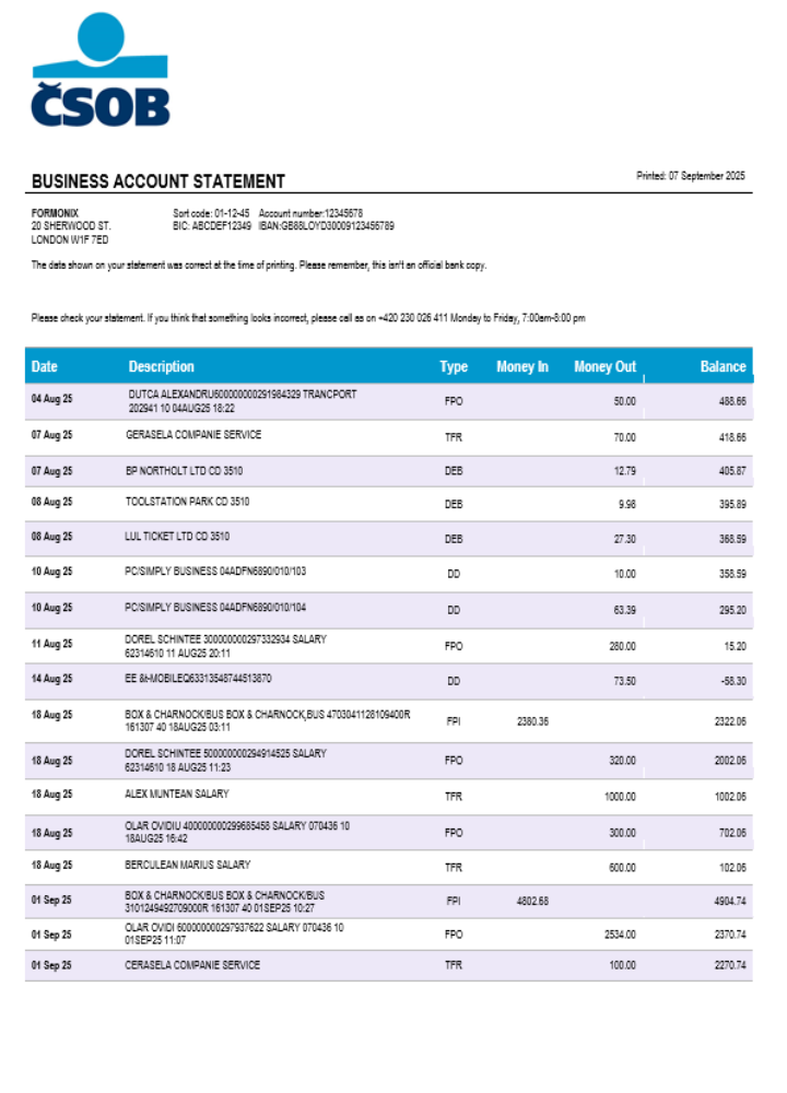 Relevé d'entreprise de la banque d'affaires Československá Obchodní Banka Format Word et PDF